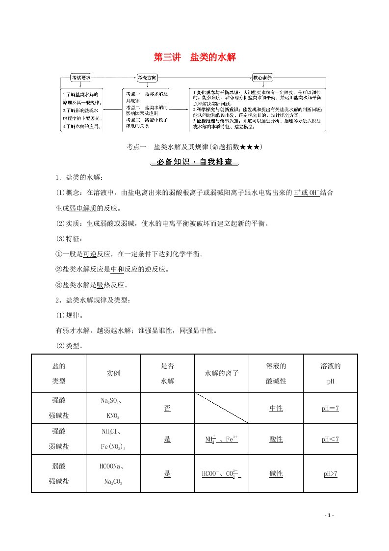 2022版高考化学一轮复习第八章水溶液中的电离平衡第三讲盐类的水解学案新人教版2021072329