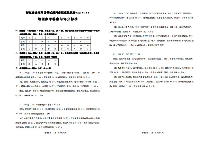 浙江省绍兴市2020届高三地理4月适应性（一模）考试试题（PDF）参考答案