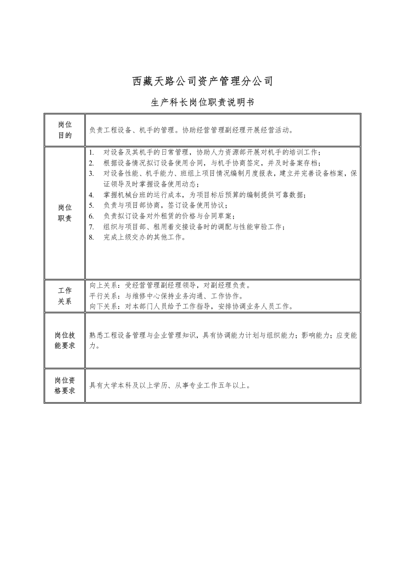 生产科长岗位职责说明书