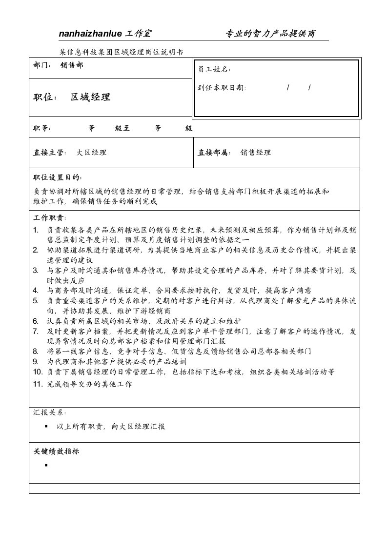 某信息科技集团区域经理岗位说明书