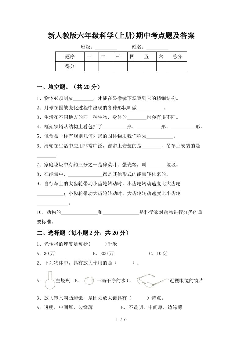 新人教版六年级科学上册期中考点题及答案