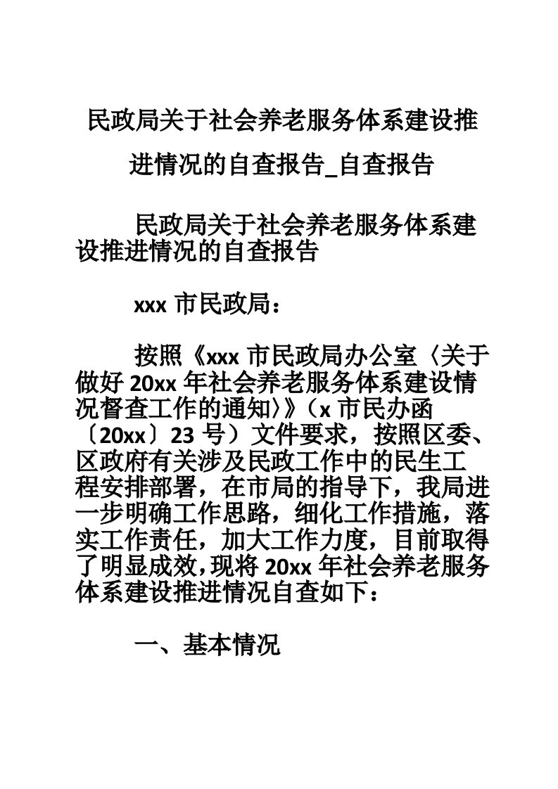 民政局关于社会养老服务体系建设推进情况的自查报告