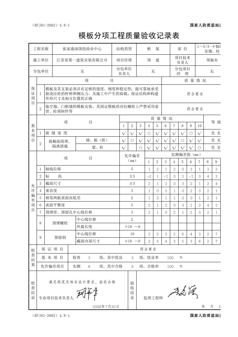 模板分项工程质量验收记录表