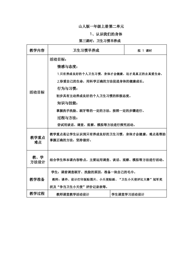 小学道德与法治_卫生习惯早养成教学设计学情分析教材分析课后反思