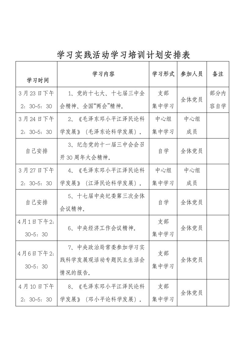 学习实践活动学习培训计划安排表