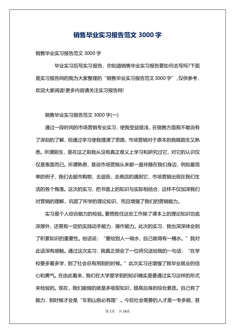 销售毕业实习报告范文3000字