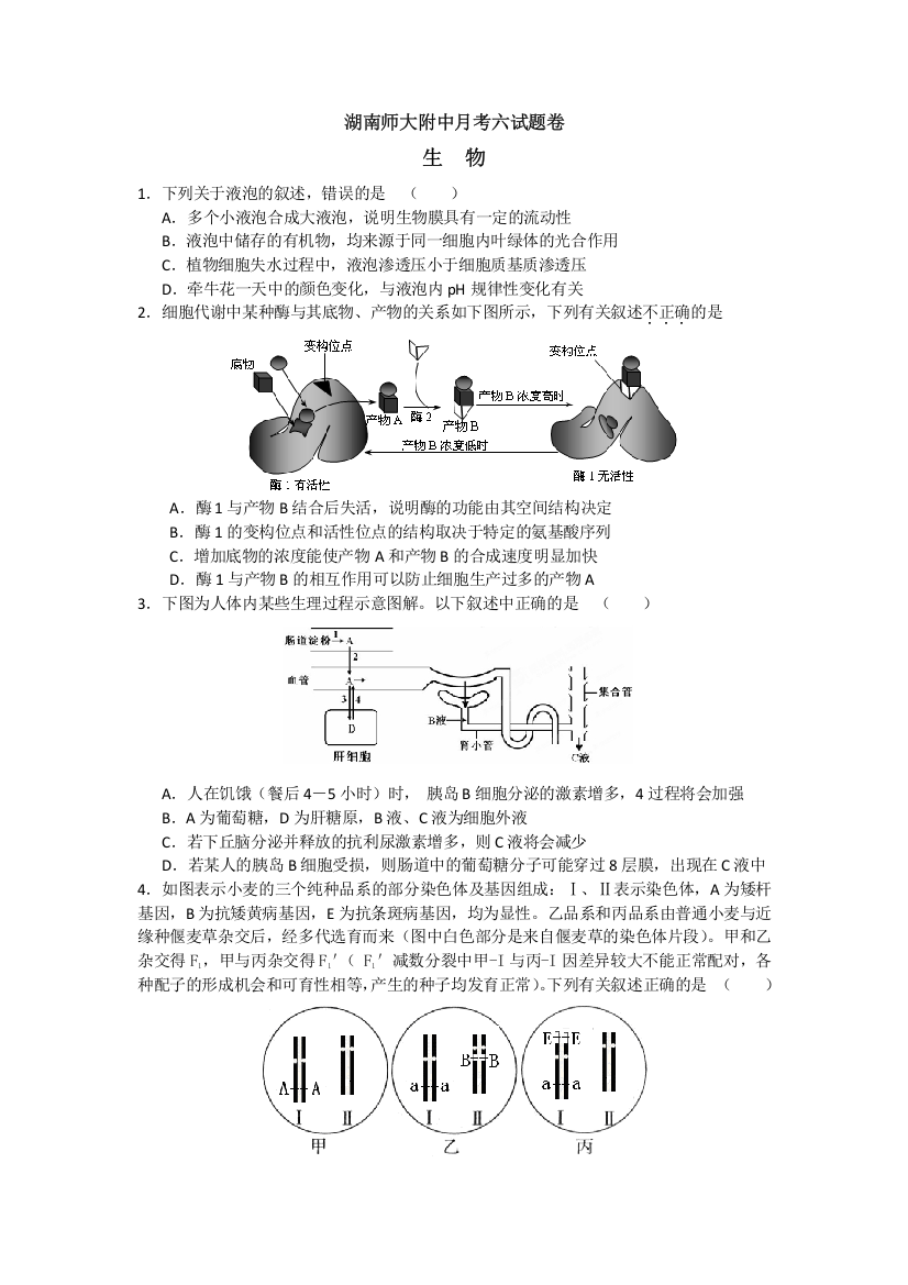 湖南师范大学附属中学2014届高三第六次月考生物试题