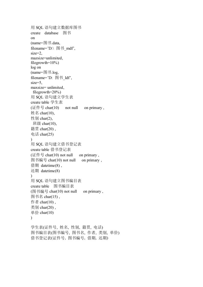 用SQL语句建立数据库图书