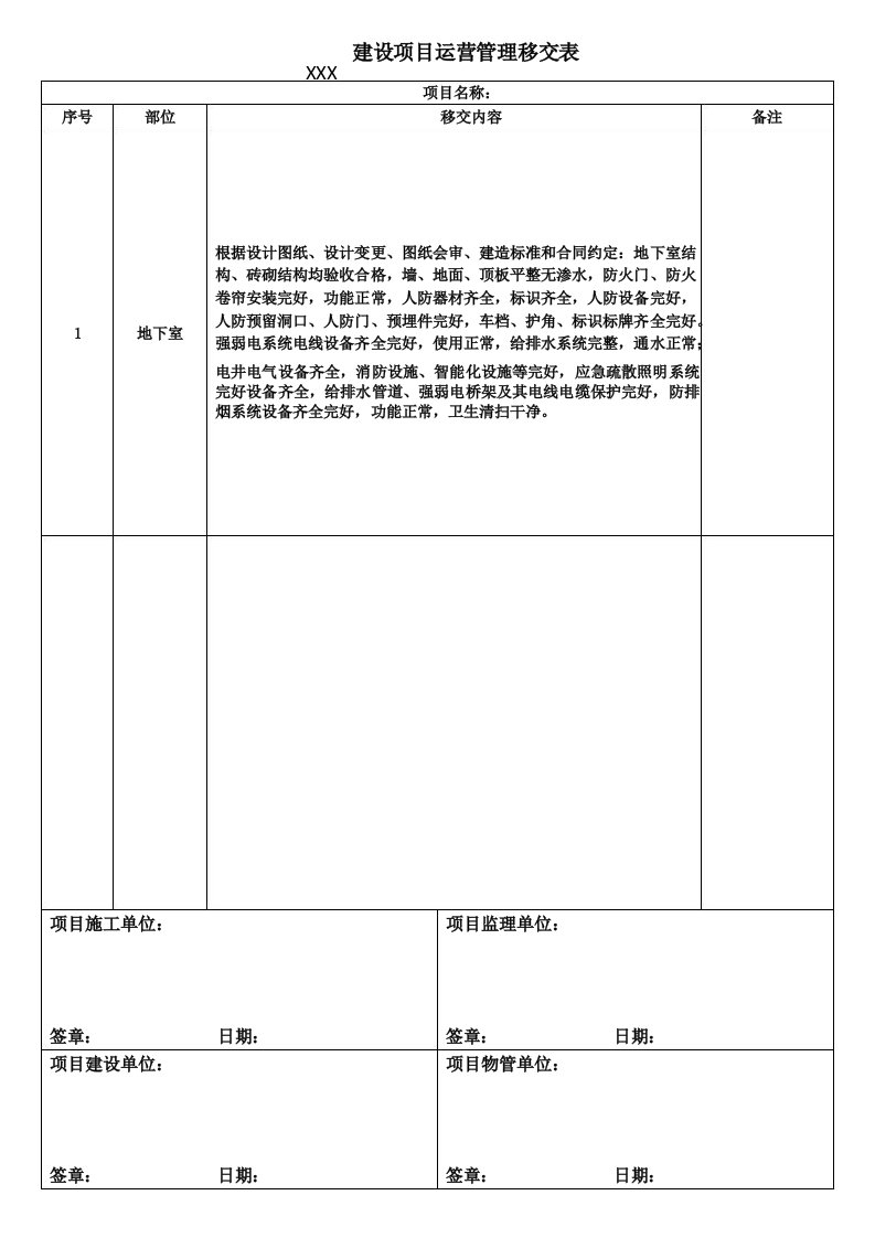 地下室移交项目清单