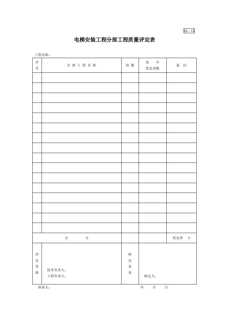 C3-13电梯安装工程分部工程质量评定表