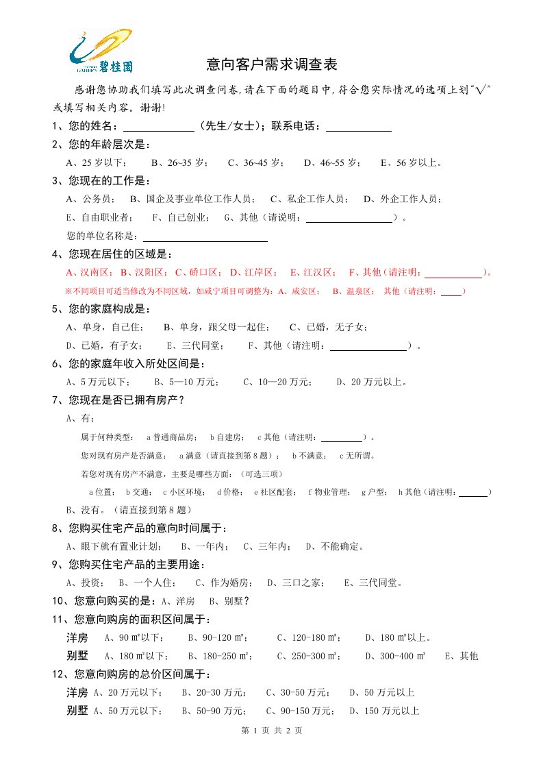 附件2：意向客户调查问卷