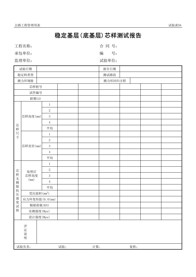 表格模板-公路工程管理用表范本稳定基层底基层芯样测试报告