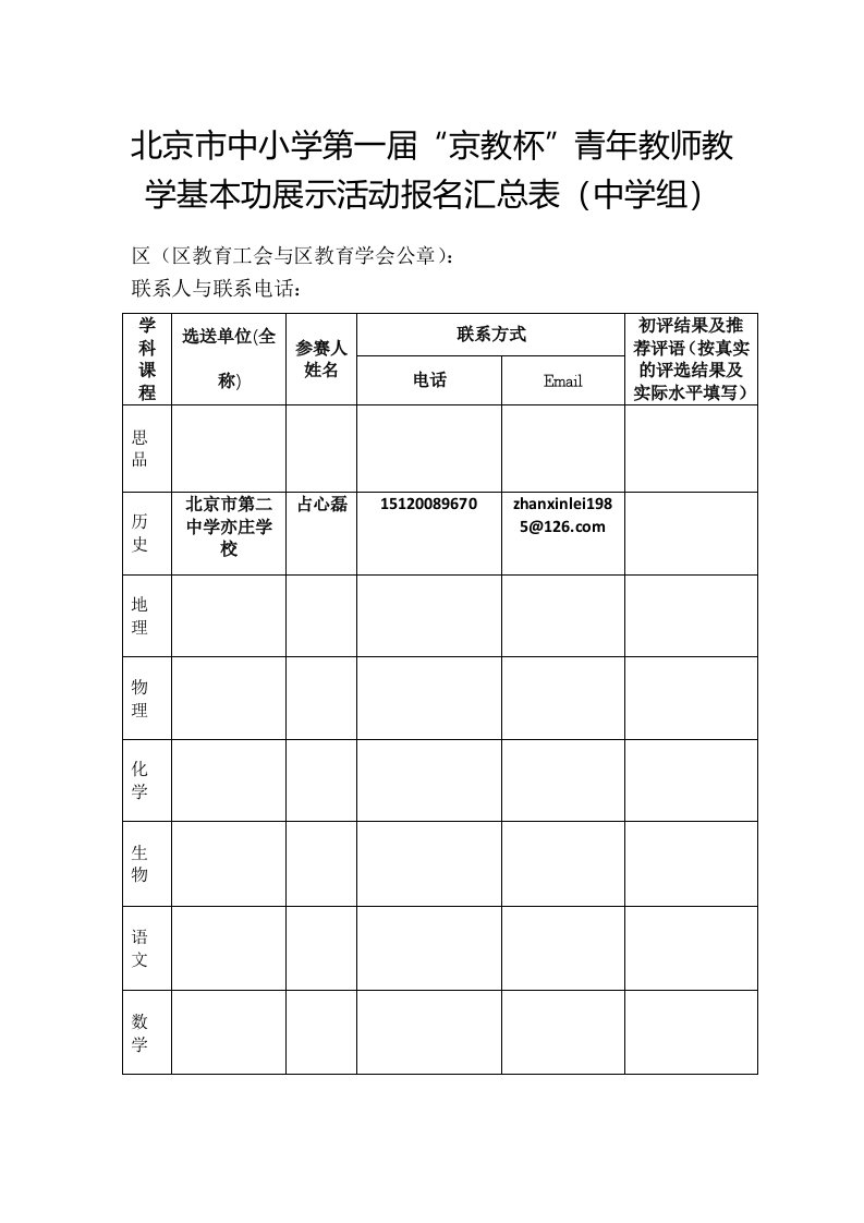 报名汇总表（中学组）