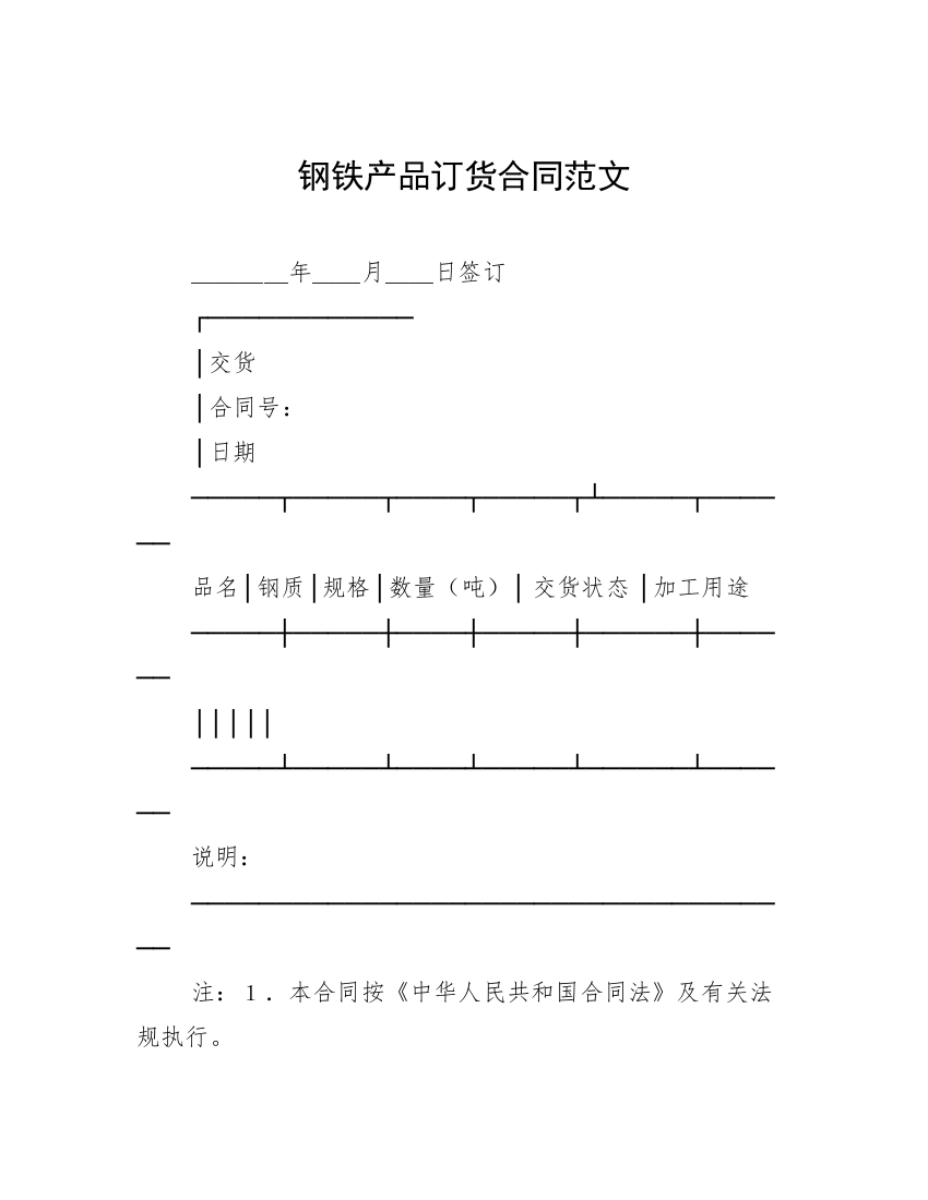 钢铁产品订货合同范文