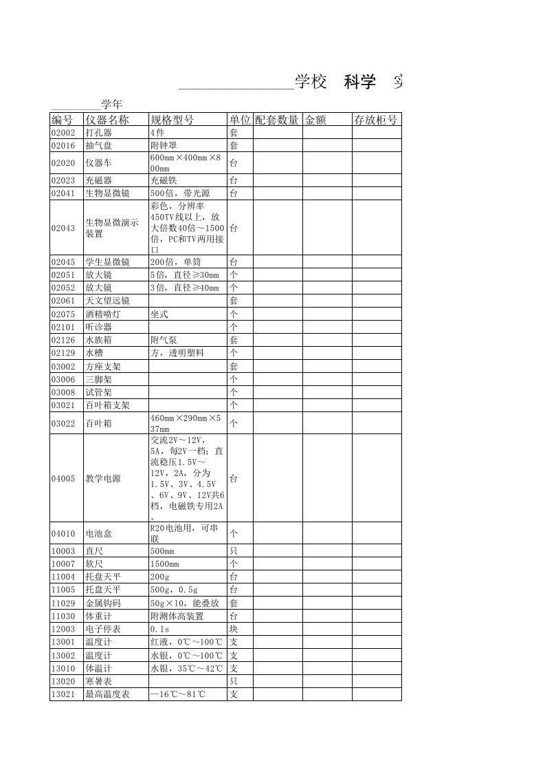 中小学仪器明细账模板