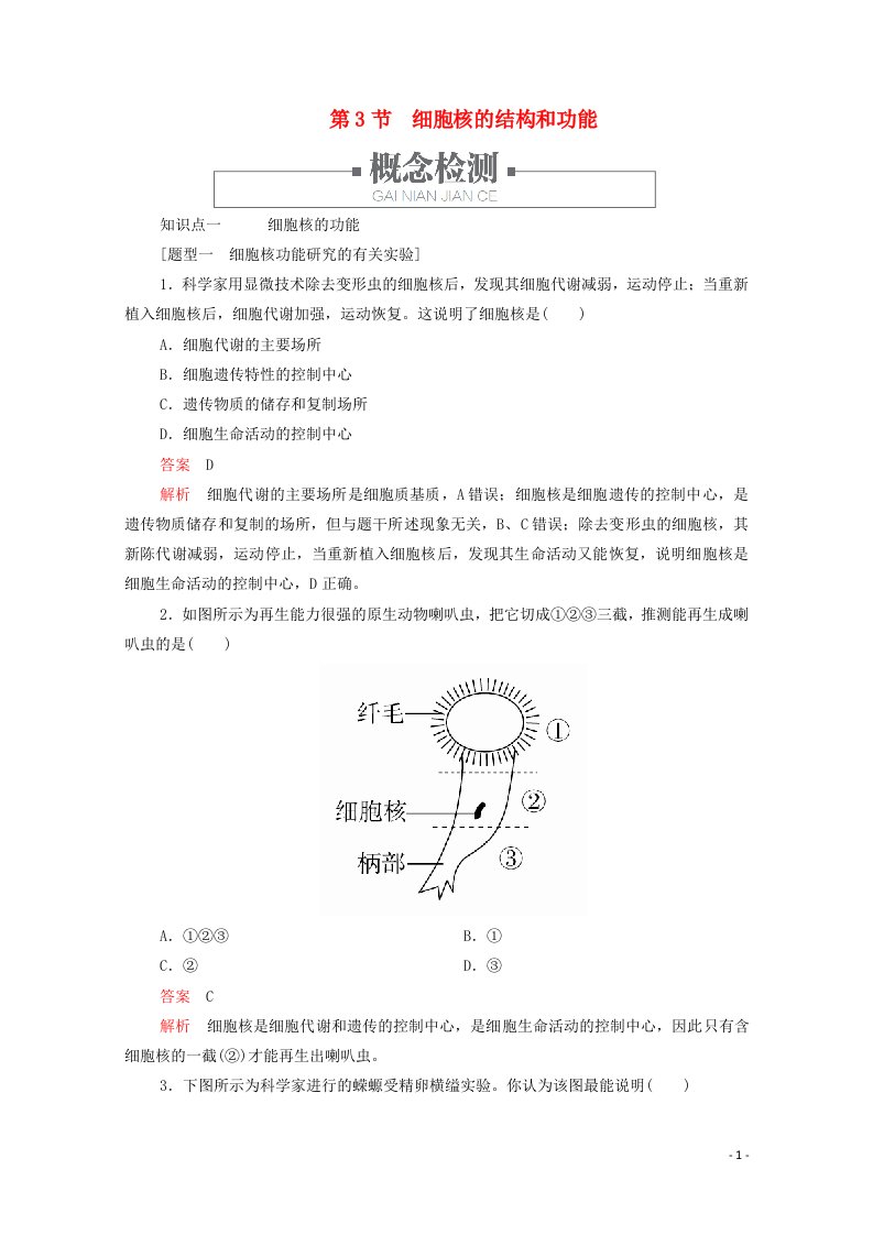 2020_2021学年新教材高中生物第3章细胞的基本结构第3节细胞核的结构和功能学案新人教版必修1