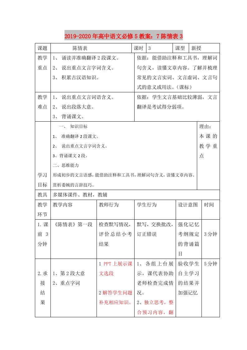 2019-2020年高中语文必修5教案：7陈情表3