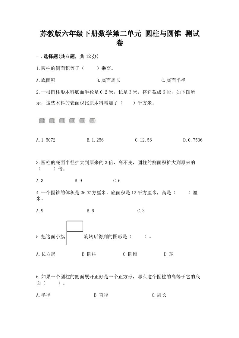 苏教版六年级下册数学第二单元