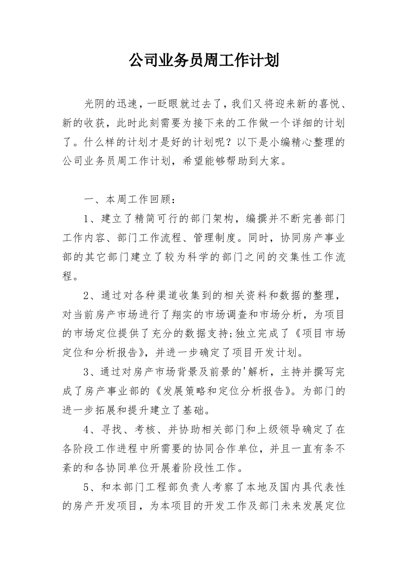 公司业务员周工作计划