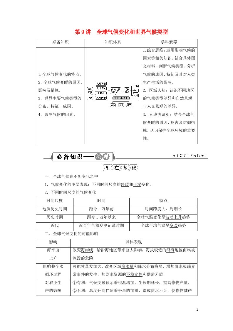 2022年高考地理一轮复习第二章地球上的大气第9讲全球气候变化和世界气候类型学案新人教版