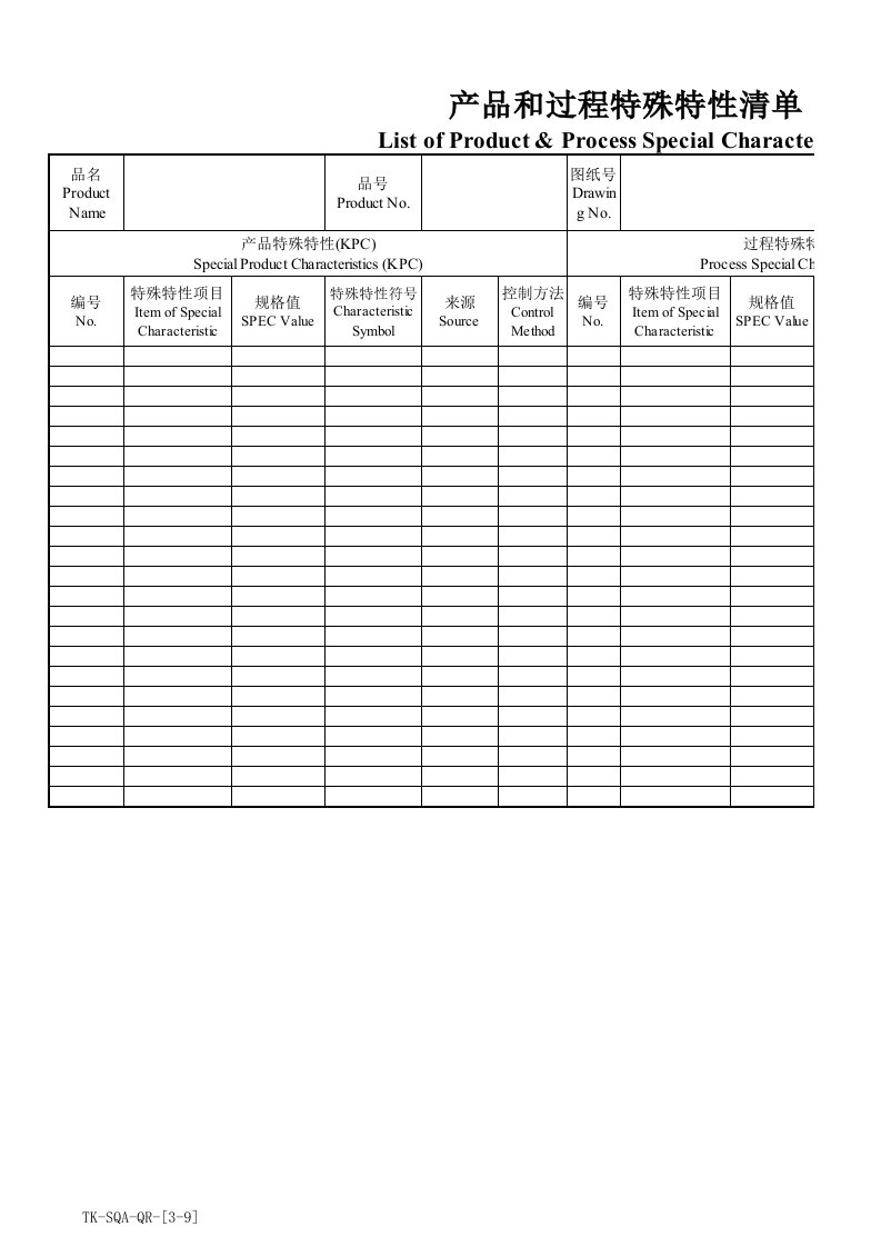 产品和过程特殊特性清单