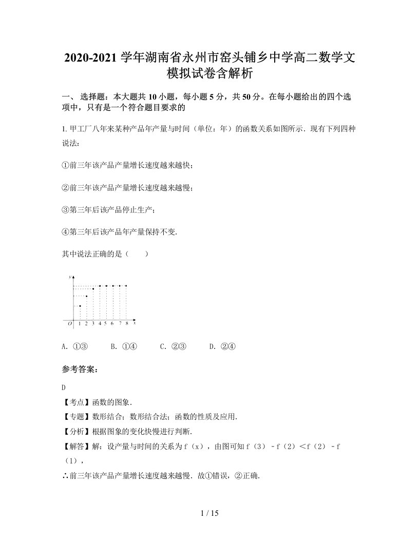 2020-2021学年湖南省永州市窑头铺乡中学高二数学文模拟试卷含解析