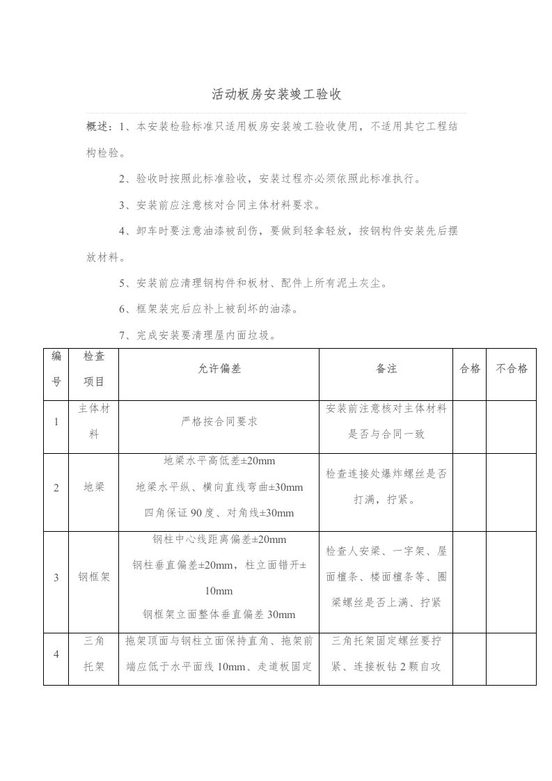 活动板房验收标准