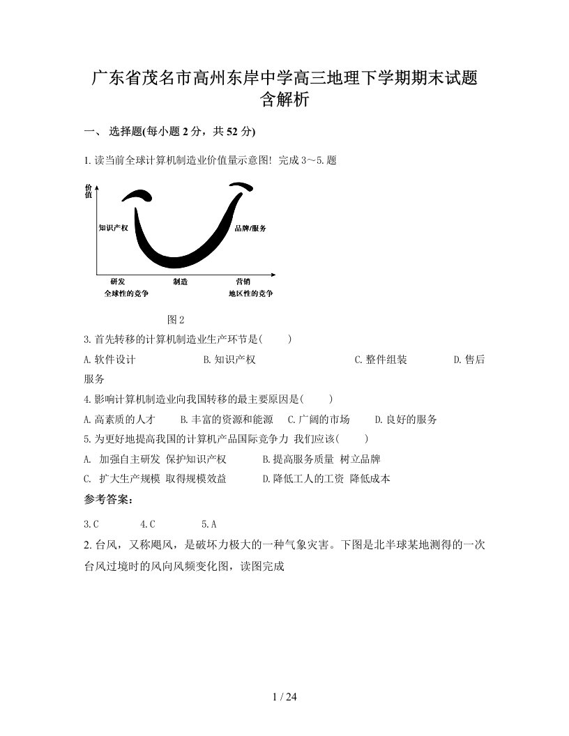 广东省茂名市高州东岸中学高三地理下学期期末试题含解析