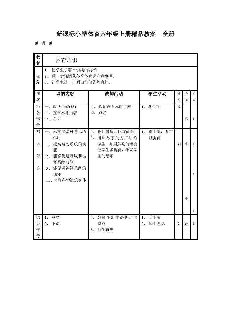 新课标小学体育六年级上册精品教案全册