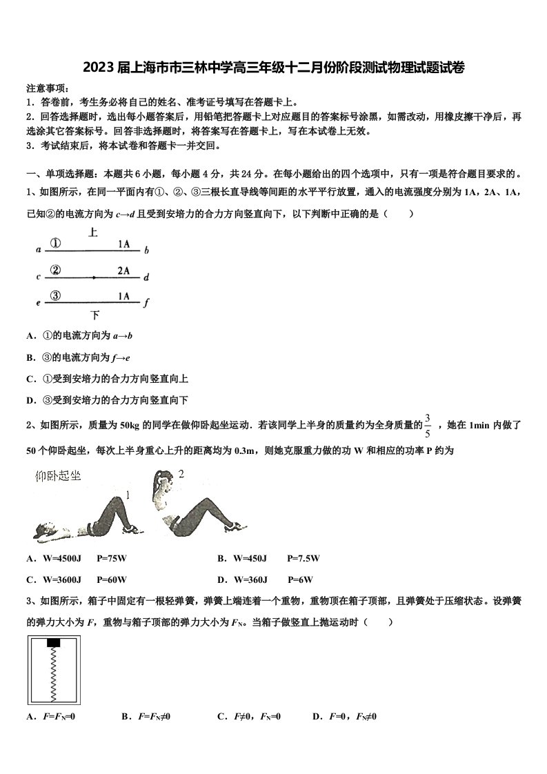 2023届上海市市三林中学高三年级十二月份阶段测试物理试题试卷