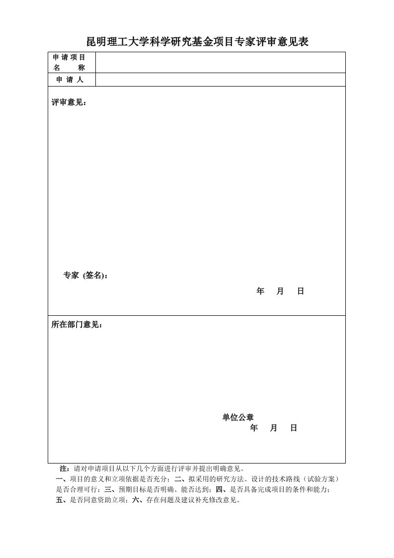 昆明理工大学科学研究基金项目专家评审意见表