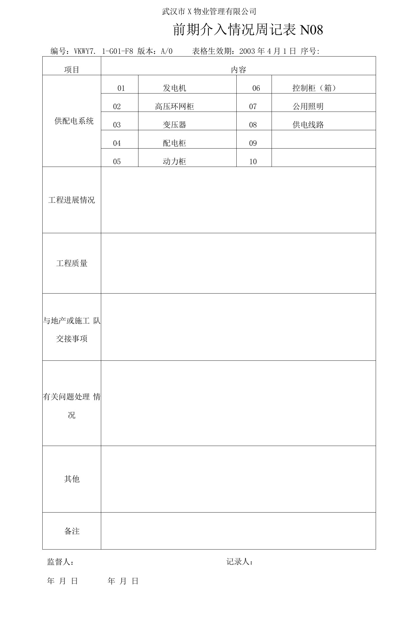 科万物业前期介入情况周记表NO8