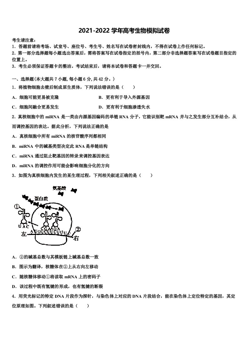 2022届陕西省西安地区八校高三压轴卷生物试卷含解析