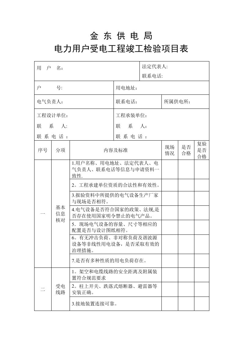 电力用户受电工程竣工检验项目表