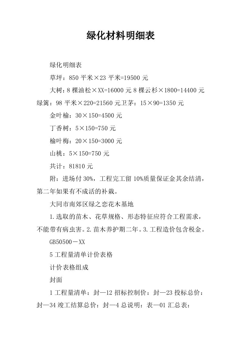 绿化材料明细表