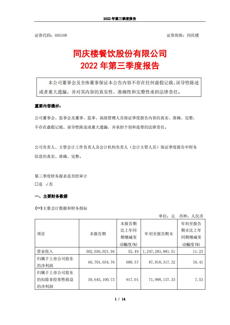 上交所-同庆楼2022年第三季度报告-20221025