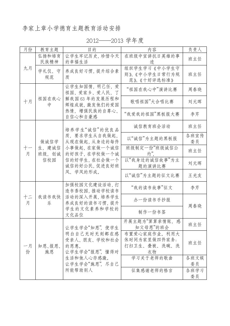 李家上章小学德育主题教育活动安排