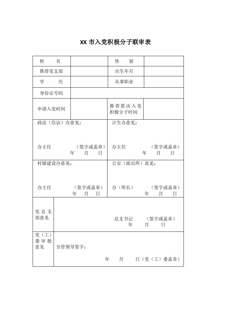 入党积极分子联审表