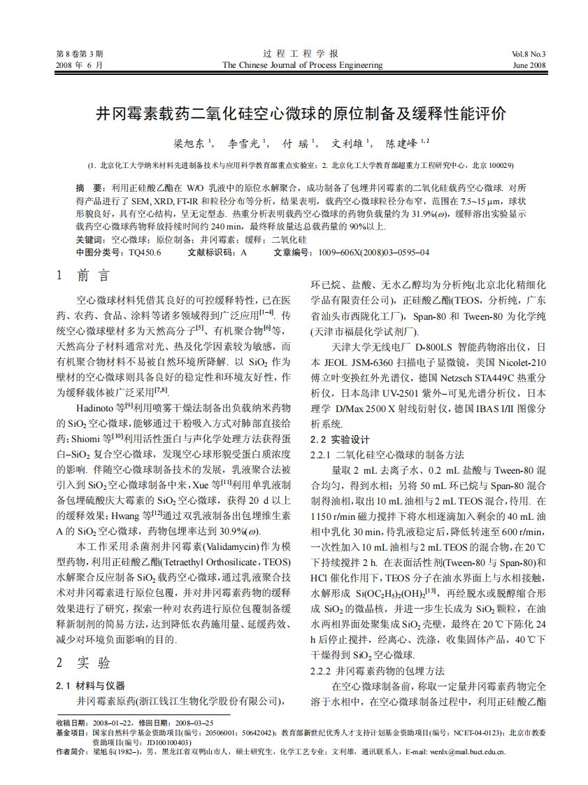 井冈霉素载药二氧化硅空心微球的原位制备及缓释性能评价