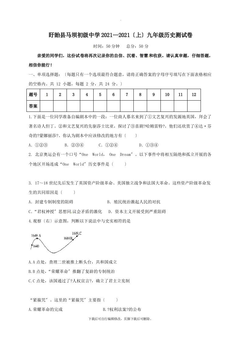 江苏省盱眙县马坝初级中学2021届九年级第一学期第一次月考历史试卷