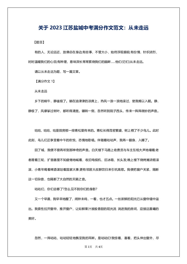 关于2023江苏盐城中考满分作文范文：从未走远