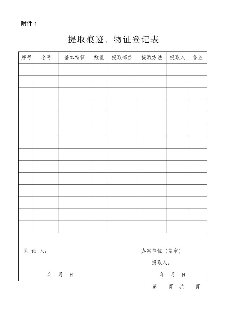 提取痕迹物证登记表(现场勘验笔录附件1)