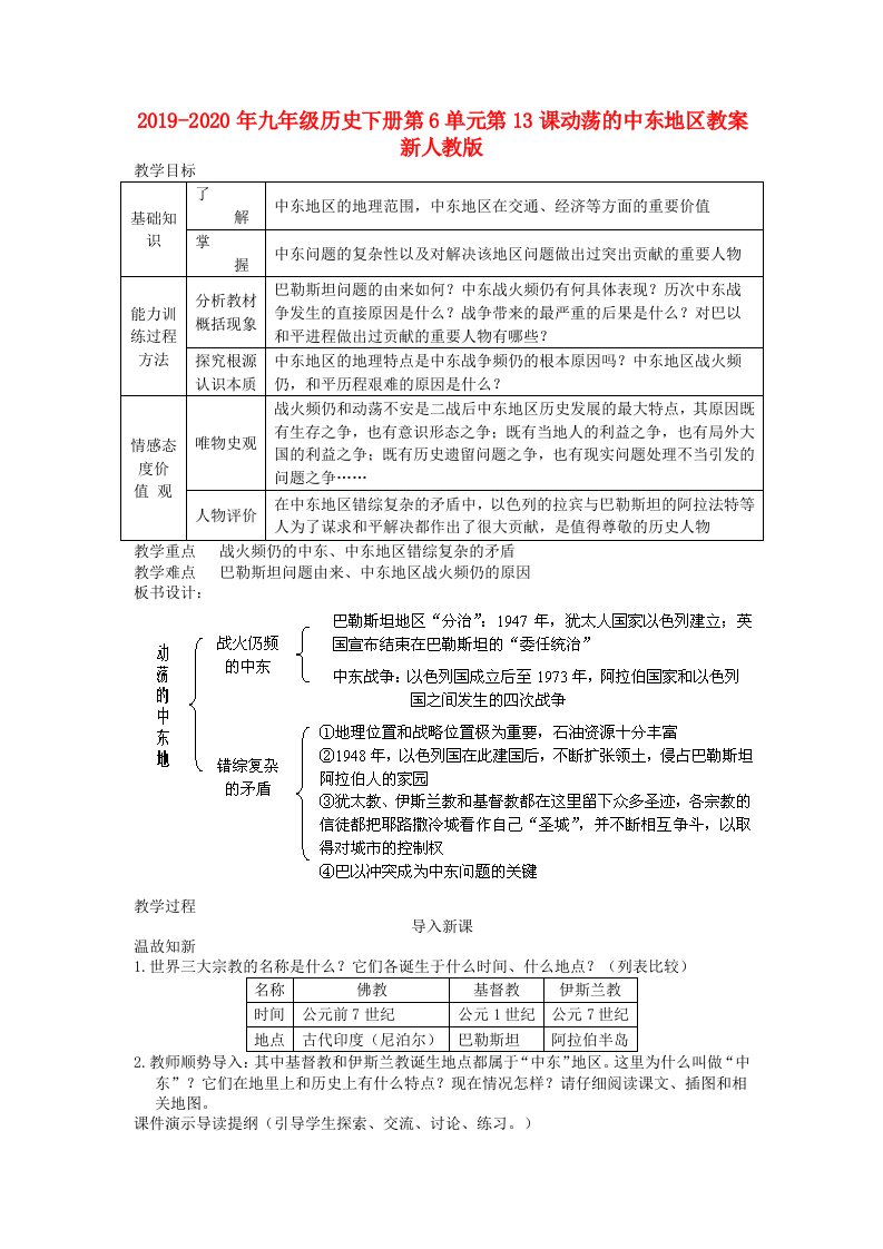 2019-2020年九年级历史下册第6单元第13课动荡的中东地区教案新人教版