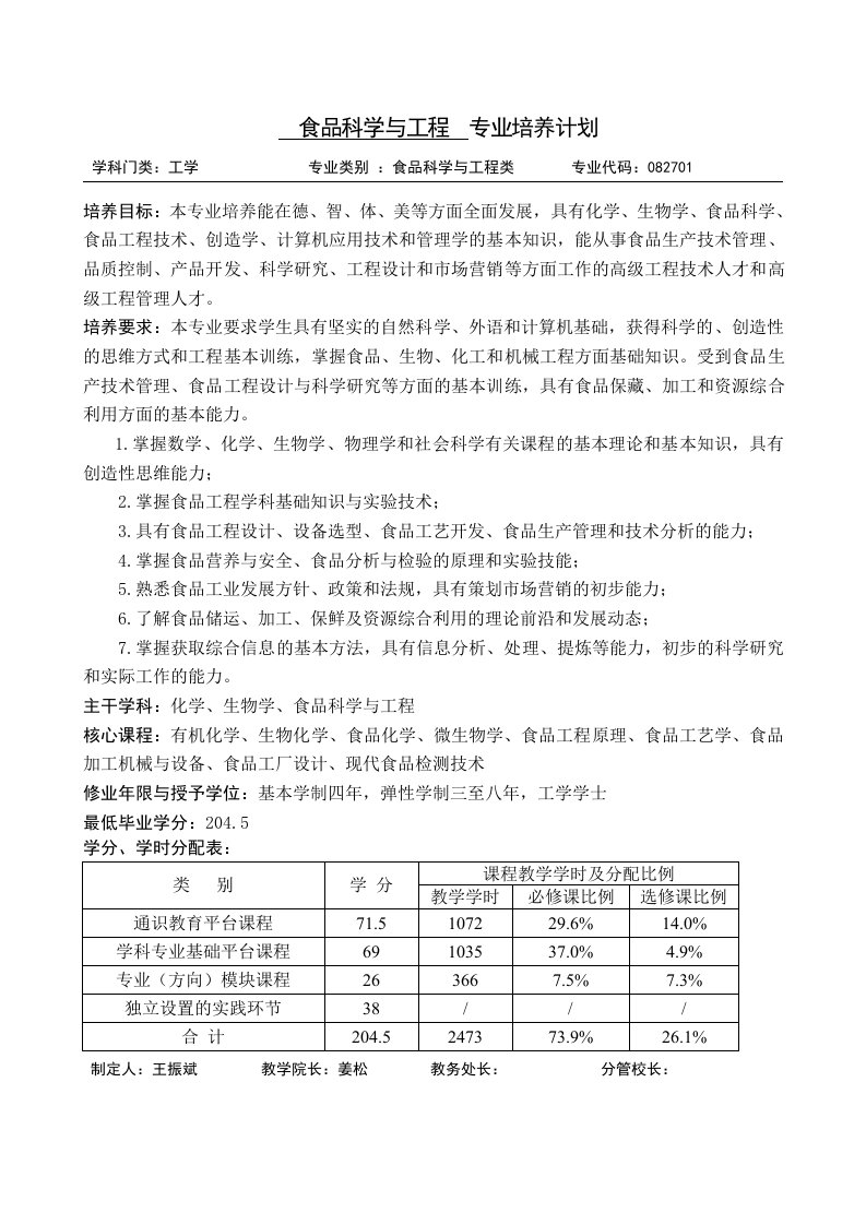 食品科学与工程专业培养计划