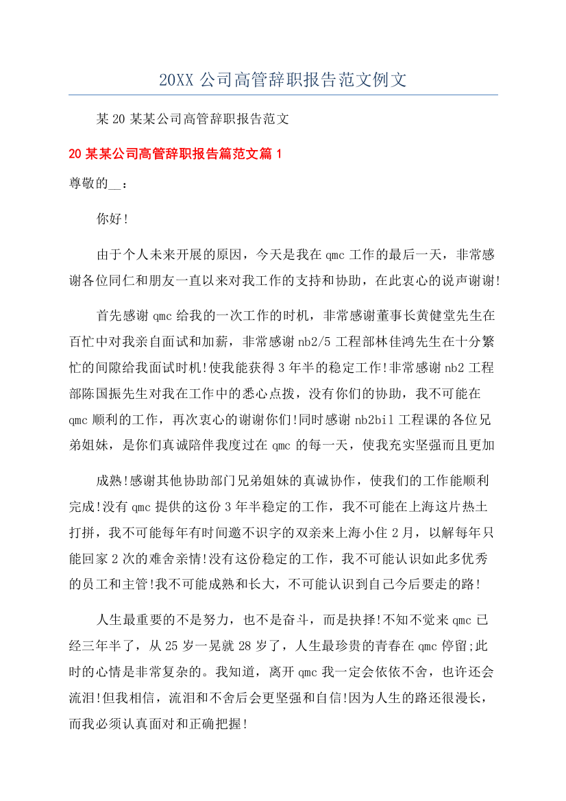 20XX公司高管辞职报告范文例文