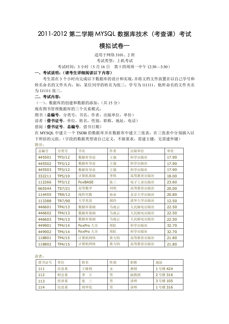 MYSQL模拟考试题目