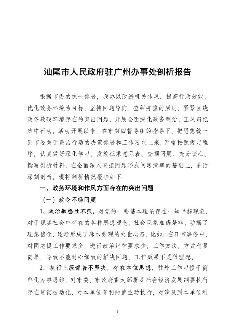 《汕尾市人民政府驻广州办事处剖析报告》