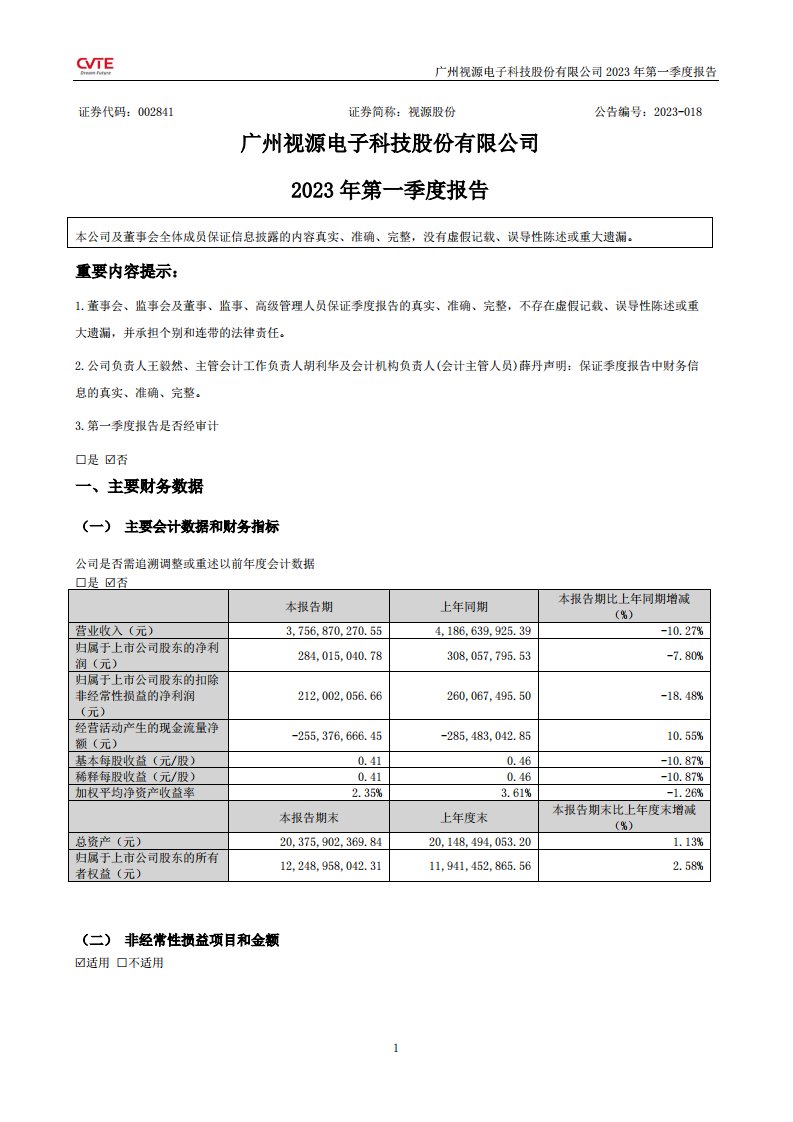 深交所-视源股份：广州视源电子科技股份有限公司2023年第一季度报告-20230426