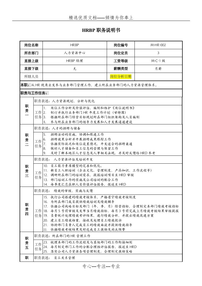 HRBP岗位说明书(共2页)