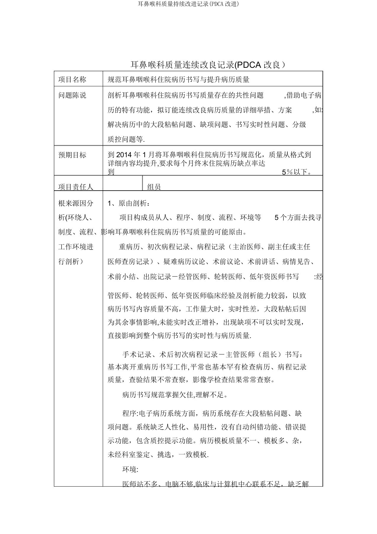 耳鼻喉科质量持续改进记录(PDCA改进)